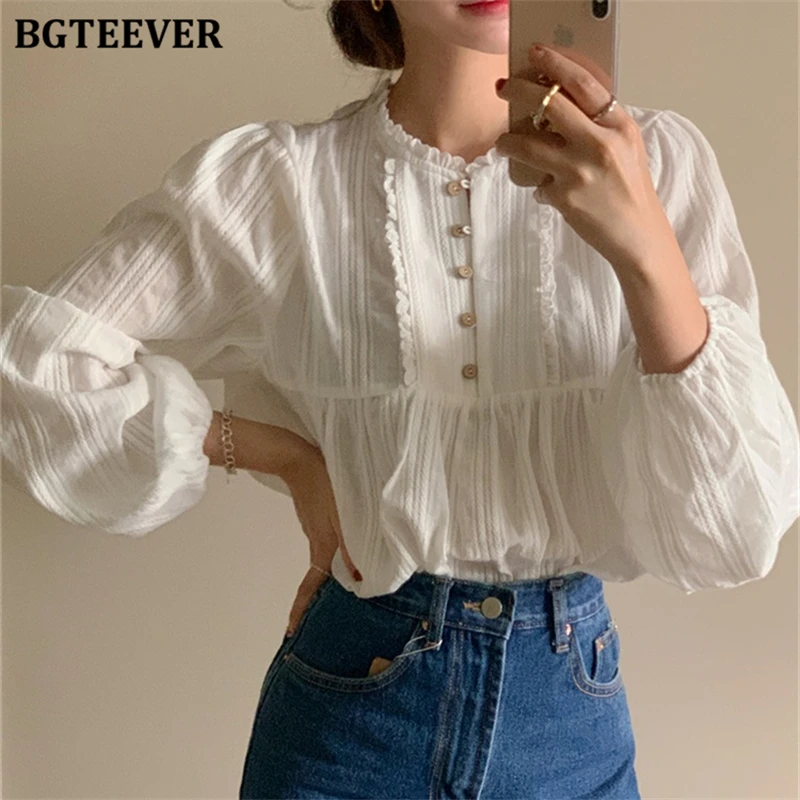 

BGTEEVER Elegant O-neck Buttons Women Pullovers Shirts Tops Spring Summer Vintage Long Sleeve Loose Female Solid Blouses