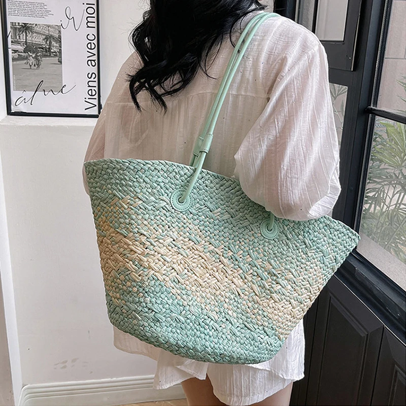 Colorful Straw Basket Bag Casual Large Capacity Tote Bag Summer Beach Shoulder Bags Big Bucket Handbags Weave Vacation Bag 2024