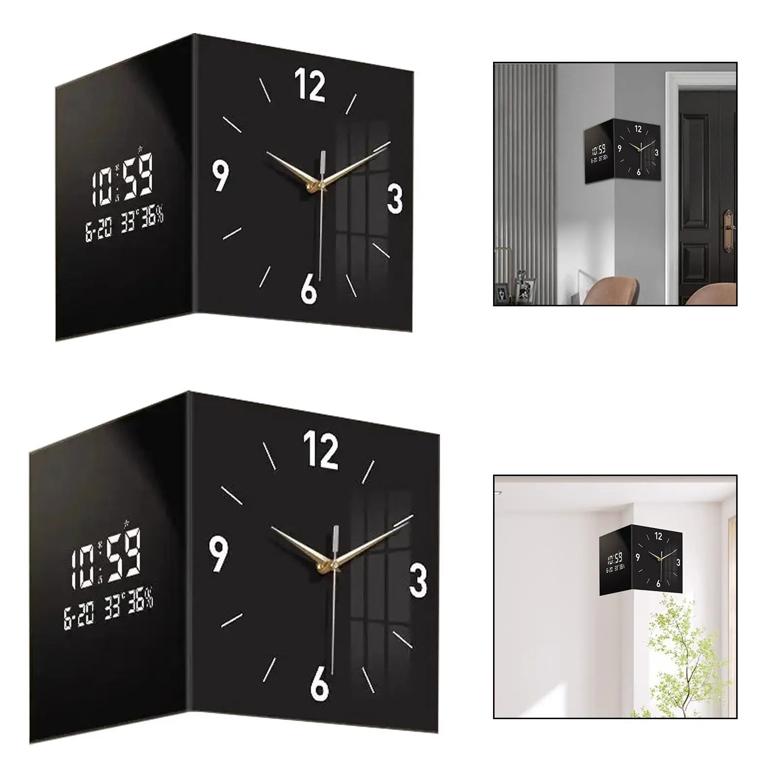 

Corner Clock Double Sided Wall Timepiece, Hanging Design with Temperature Indicator for Bedroom
