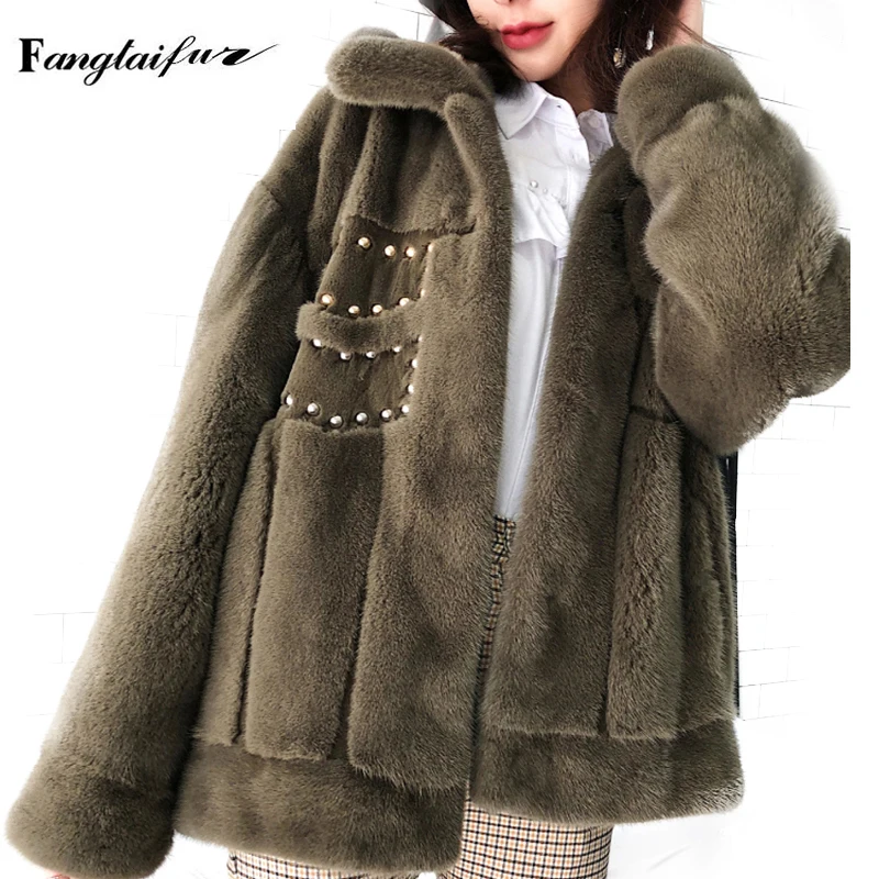 Ftangaiur Winter Import Velvet Mink Fur Coat Long Sleeve Women Turn-Down Collar Leopard Pockets Medium Natural Mink Fur Coats