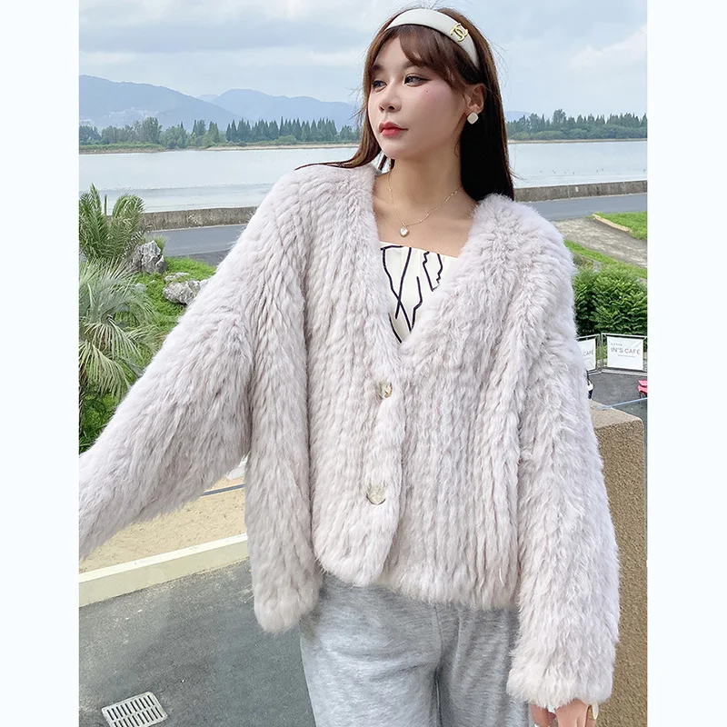 2023 Women Winter Warm Real Rabbit Fur Coat Long Sleeve Loose Female Genuine Fur Jacket With Button Casual Warm Outwear V-neck