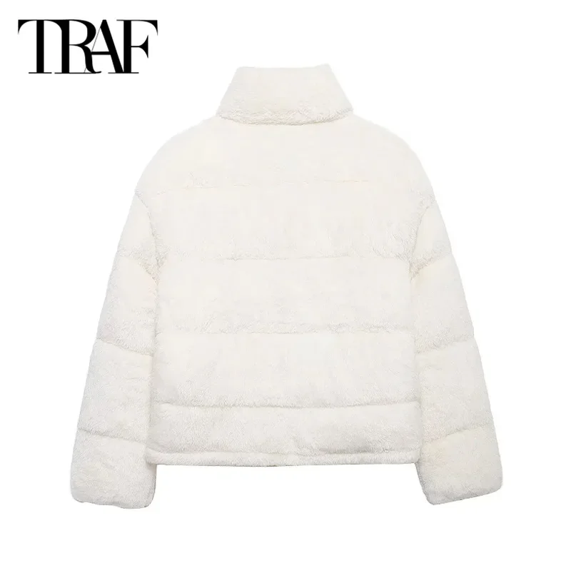 TRAF 2024 Women\'s Warm Winter Jacket White Cropped Parkas Autumn Demi-Season Long Sleeve Plush Short Coats New In Outerwears