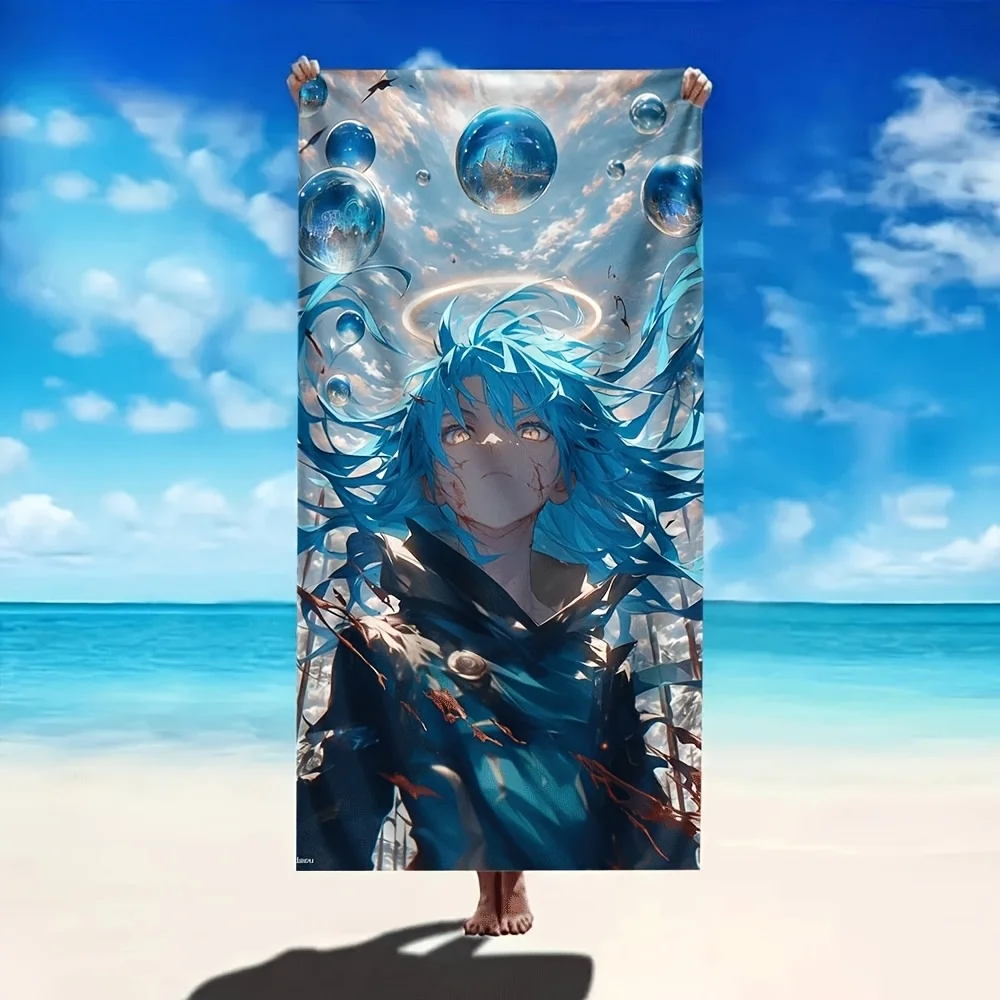 Cool Fantasy Blue Hair Angel Anime Boy Beach Towel, Quick Dry Microfiber Dream Bubble Sky Bath Towel for Men Swimming Gym
