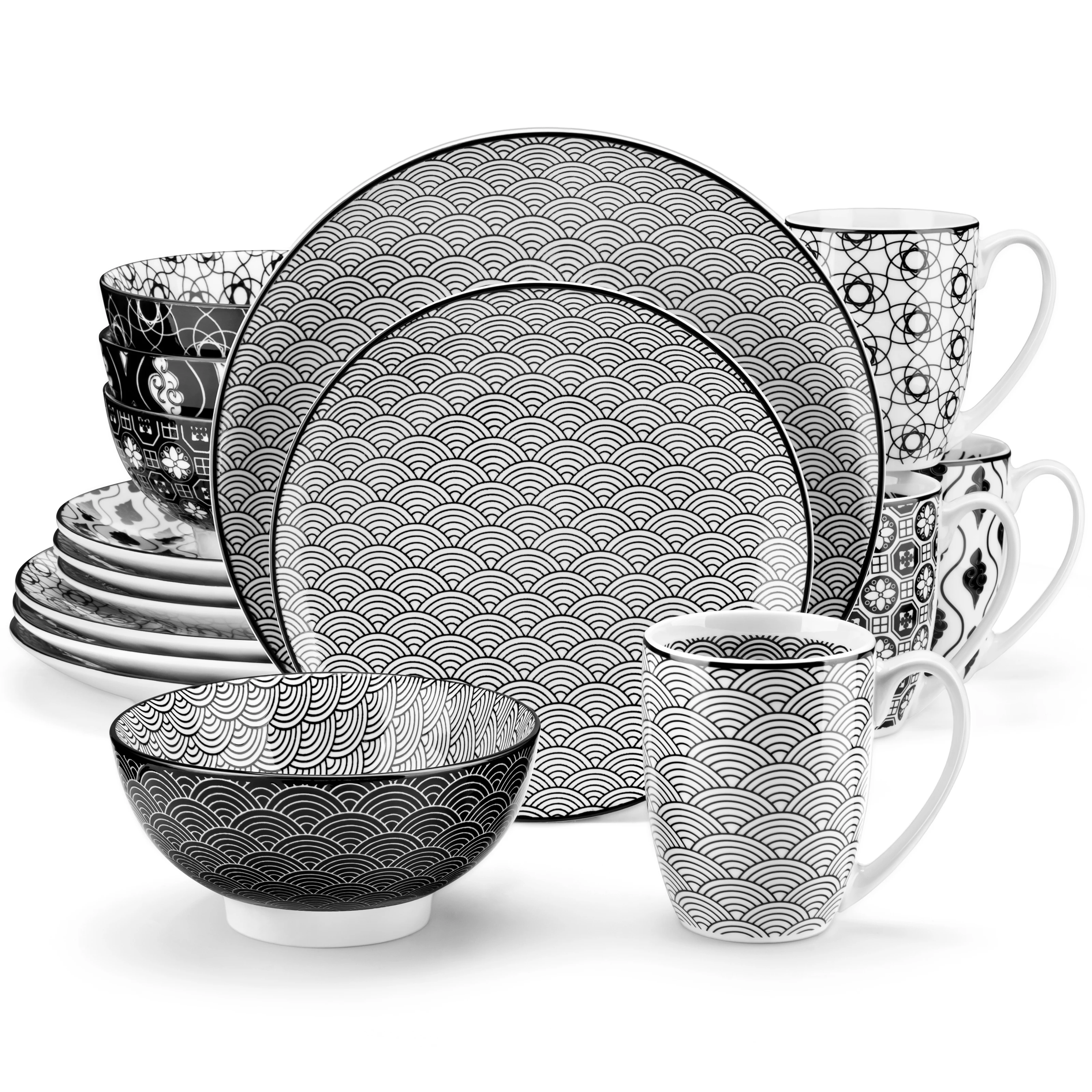 Service de table Vancasso 16/32 pièces en porcelaine noire et crème, comprenant assiettes à dîner/dessert, bols à céréales et tasses pour 4/8 personnes