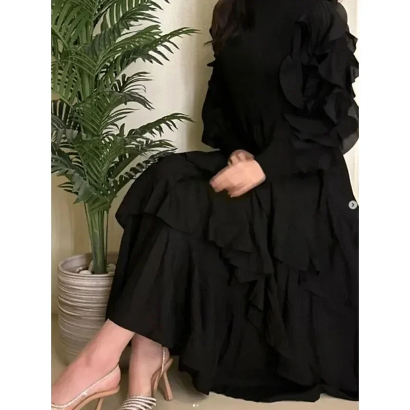 YUDX Miyake Patchwork Ruffles Pleated Dress Women Chic Style Fashion Round Collar Full Sleeve A Line Irregular Hem Elegant 2024