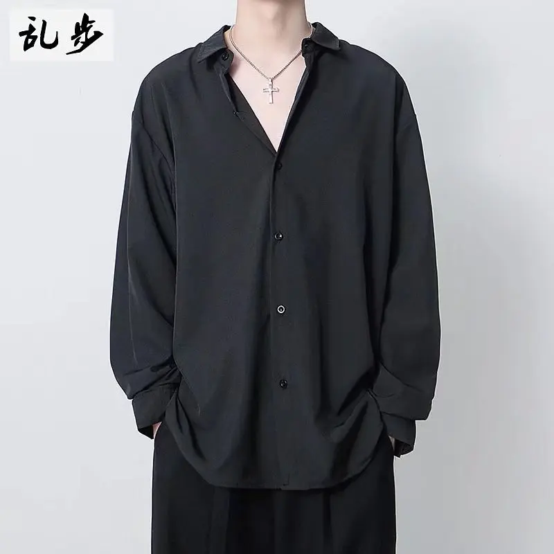 

Men's Casual Black Long Sleeve Ice Silk Drapey Loose Fit Shirt Stylish Autumn Outerwear Youthful Trendy White Shirt