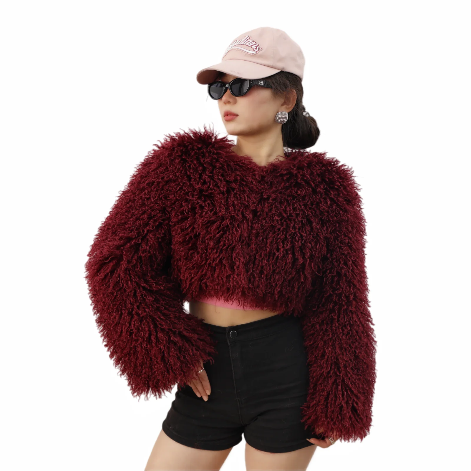 Autumn Winter Ladies Fashion Faux Mongolian Fur Jacket Short Woolly Roll Hem Fluffy Fur  Sleeve  Cozy Top