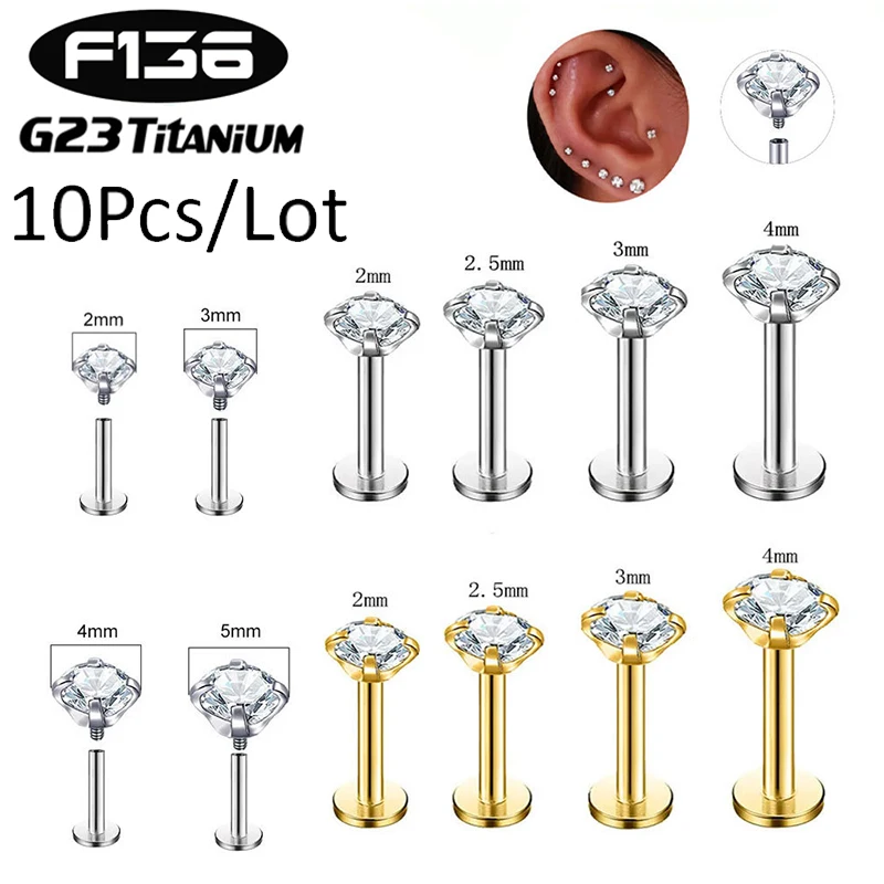 

10Pcs G23 Titanium Labret Stud Cubic Zircon Internal Thread Tragus Helix Cartilage Conch Flatback Earlobe Piercing Body Jewelry
