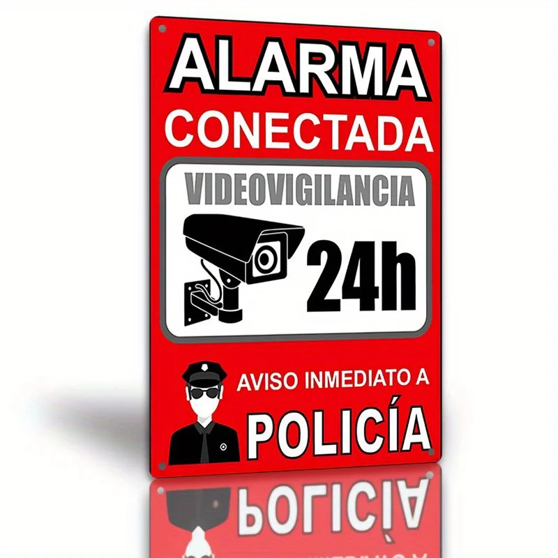 Metal Security Sign - Spanish Alarm Connected Video Surveillance Warning, 24h Recording, Immediate Police Notification
