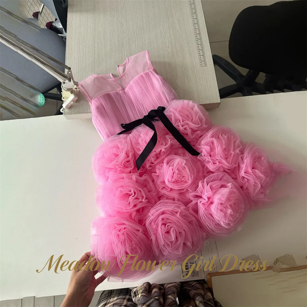 

Meadow Hot Pink Children Birthday Wedding Dresses Round Neck Flower Girl Dress Sleeveless Black Waist Bow Princess Girls Dress
