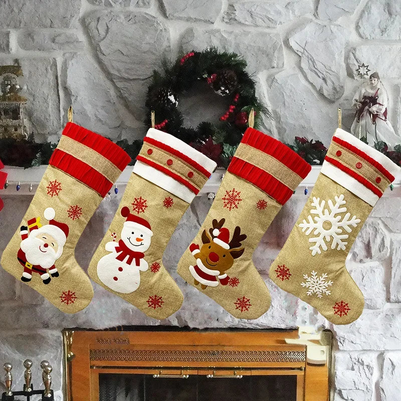 

Christmas Decorations Santa Snowman Elk Stockings Xmas Flax Stocking ChristmaTree Pendant Noel Socks Gift Bag Joy 2025 Noel