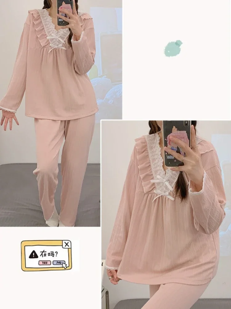 Plus Size Sweet Cotton Pajamas Women Autumn Spring Long Sleeve Soft Sleepwear Solid Loose Home Clothes Loungewear Negligee Suit