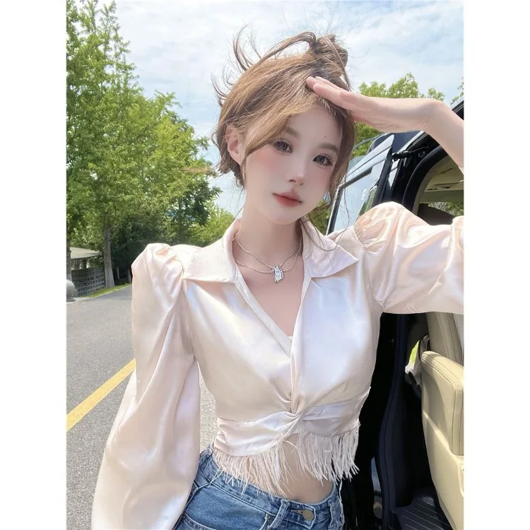 Elegant Temperament V Neck Long Sleeve Women Shirt French High Street Spliced Tassel Clothes Spice Women Clothes