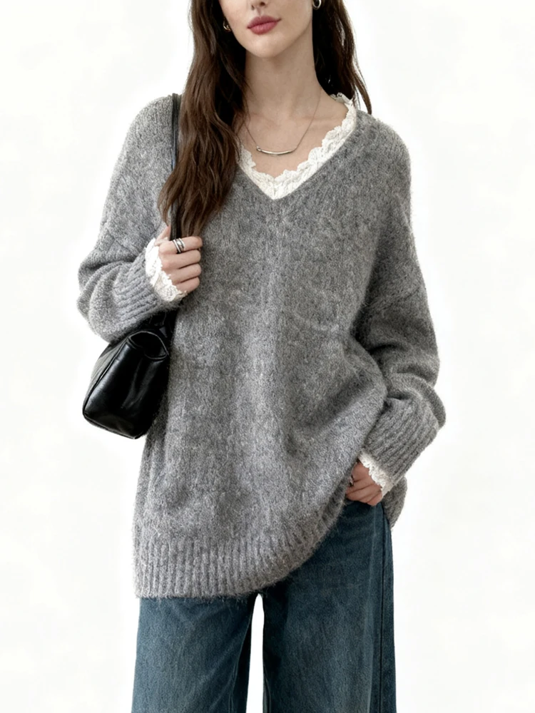 

New Autumn Winter Elegant V-neck Lace Women's Long-sleeved Sweater Fashion Loose Knitted Shirt Casual Solid Color Pullover
