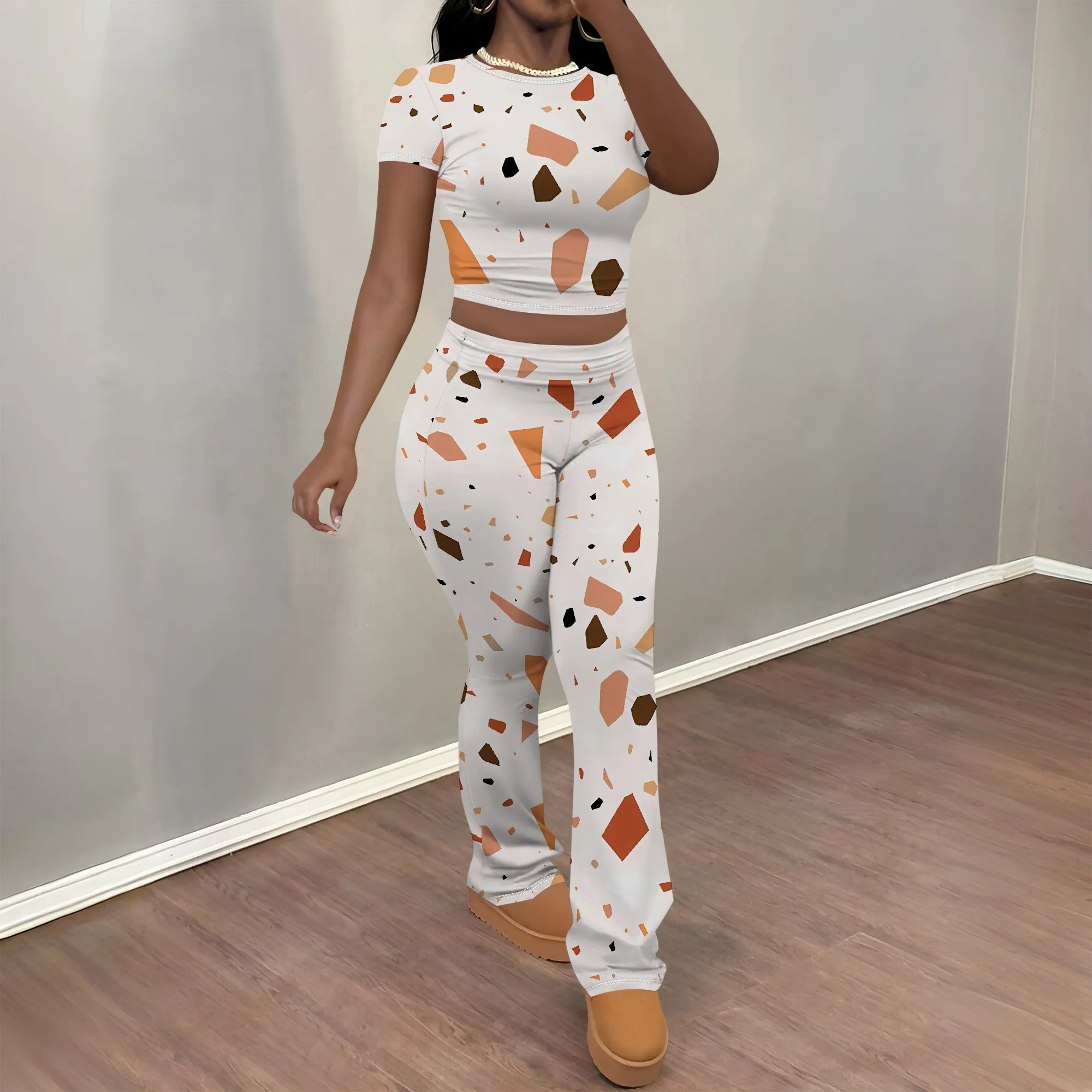 

Nupusa Terrazzo Print Two - Piece Set for Women Regular Size Summer Casual Short Sleeve Crop Top & Flare Pants