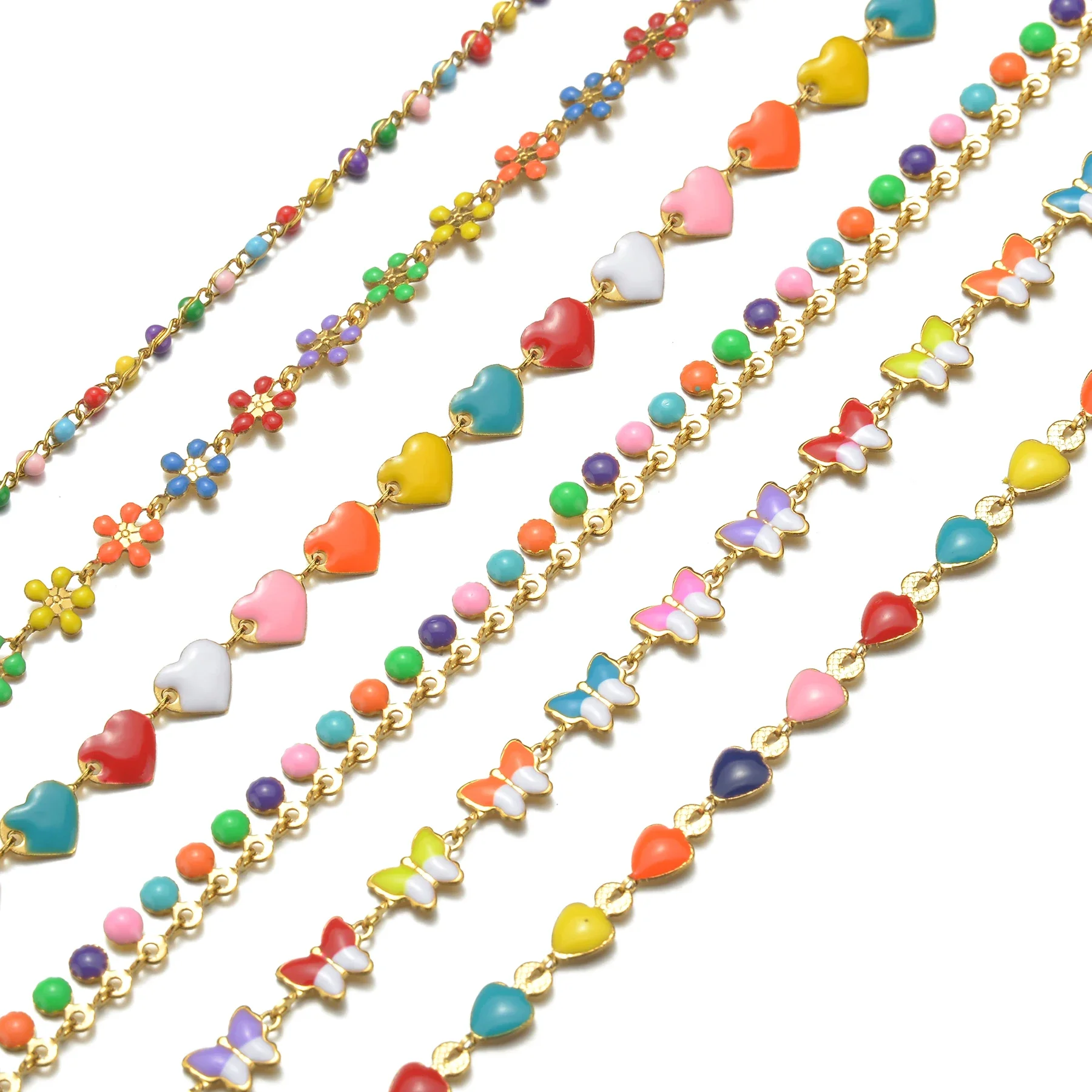 

1 м из нержавеющей стали, многоцветная эмалированная цепочка с цветком и бабочкой из бисера для DIY ручной работы, ожерелье в стиле бохо, браслет, изготовление ювелирных изделий