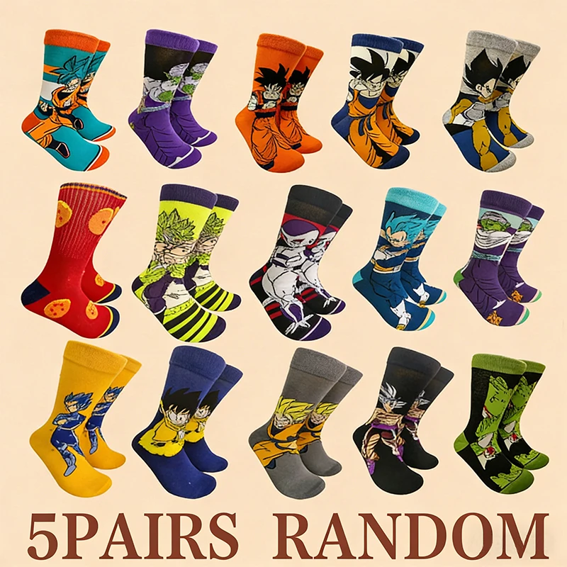 5 Paar zufällig bedruckte Dragon Ball Anime-Charakter Baumwollsocken mit Rundhalsausschnitt für Paare, Street-Style Freizeitsocken