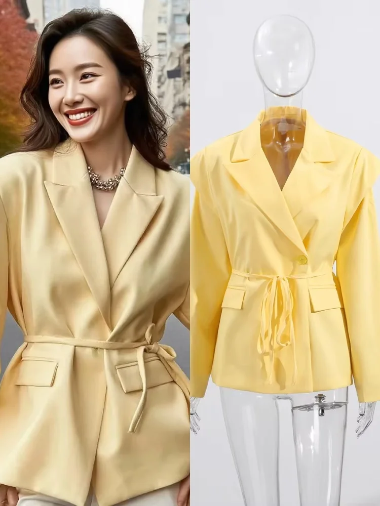 

Street Lace Up Women's Blazers Yellow Long Sleeve Lapel Single Button Suit Jackets 2025 Autumn Winter Lady Loose Casual Outwear