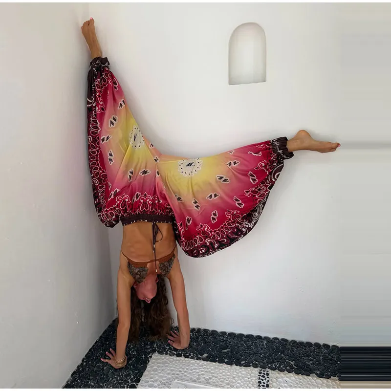 2026 Summer Gradient Contrast Print Harem Pants Oversize Baggy Elastic Waist Boho Trousers Women New Trendy Classy Lady Bottoms