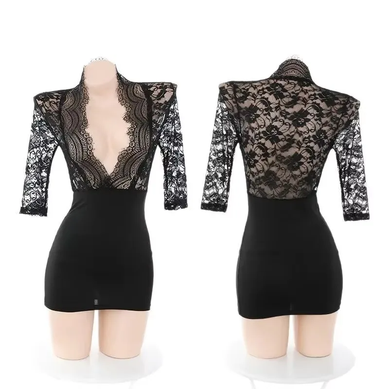

Event Clothing Women Sexy Lace Skinny Mini Dress Thin Secretary OL Uniform Role Play Costume Night Club Bodycon Dresses Outfits