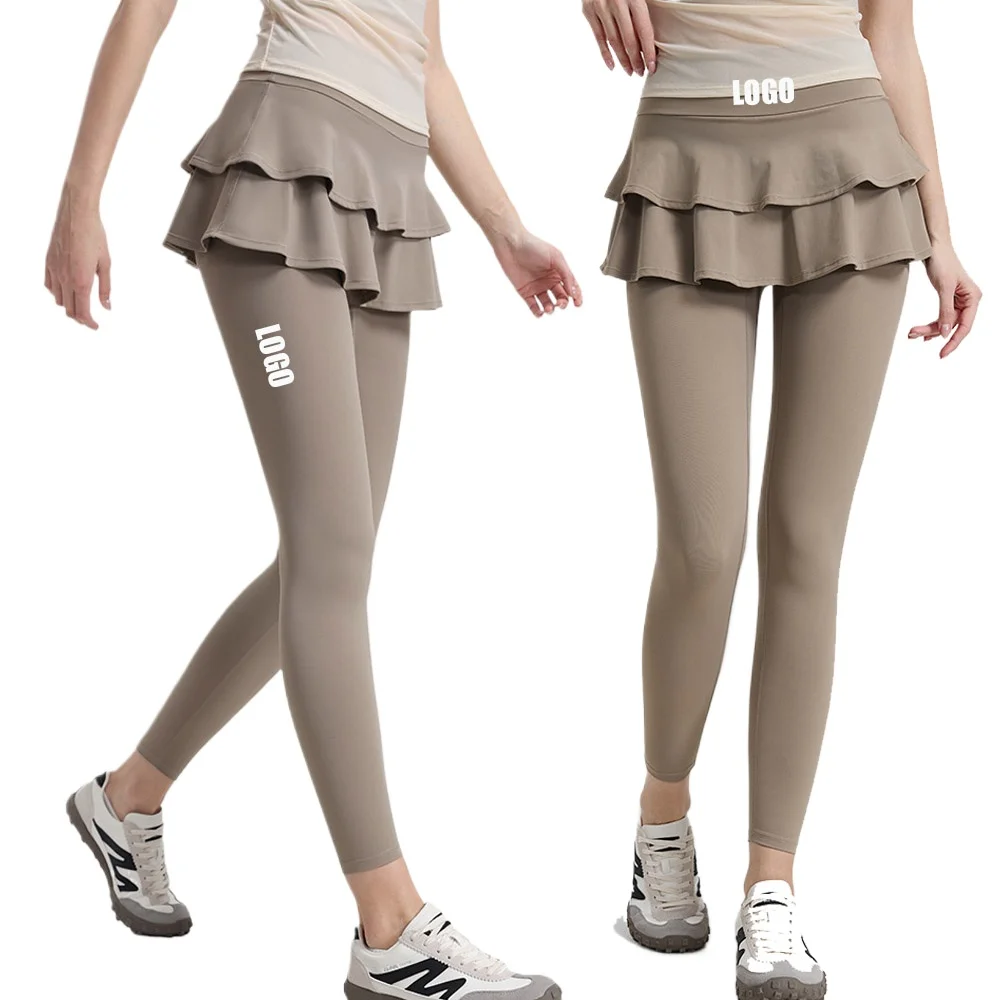 Personalized LOGO custom women's high waist fake two-piece yoga running pants breathable fitness tight dance culottes