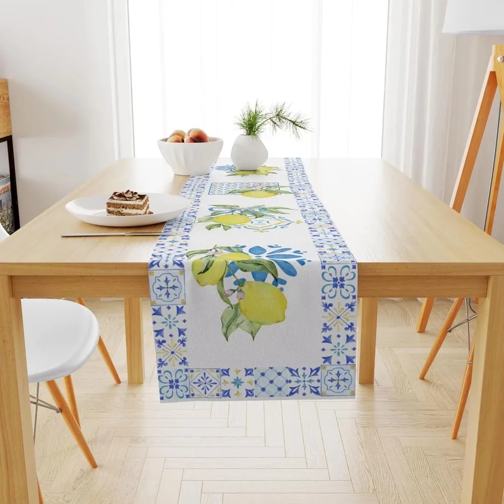 Mediterranean Lemon Table Runner - Blue Tile Watercolor Yellow Lemons Floral Decorative Cover for Kitchen Patio