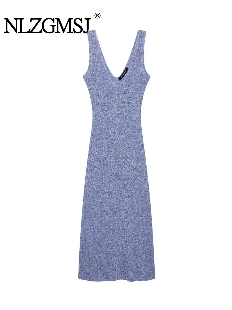 섹시하고 시크한 여성용 솔리드 미디 드레스, 홀터 슬리브리스 니트 롱 드레스, 2025 여름 패션 시크 여성 드레스