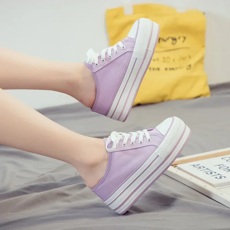 2023 The New Thick-soled Inner Heightening Half-drag Canvas Shoes Women\'s Purple Muffin with A Pedal Lazy Shoes Women