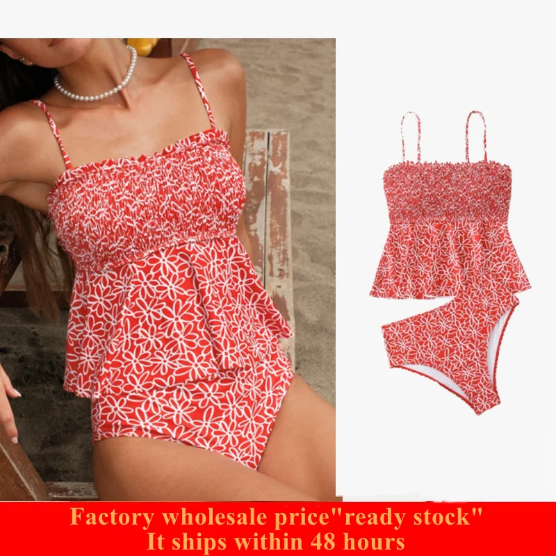 Swim Damen Roter bescheidener Urlaubs-Bikini, sexy, lässig, gerüschte Bademode, Tank-Tankini-Oberteil