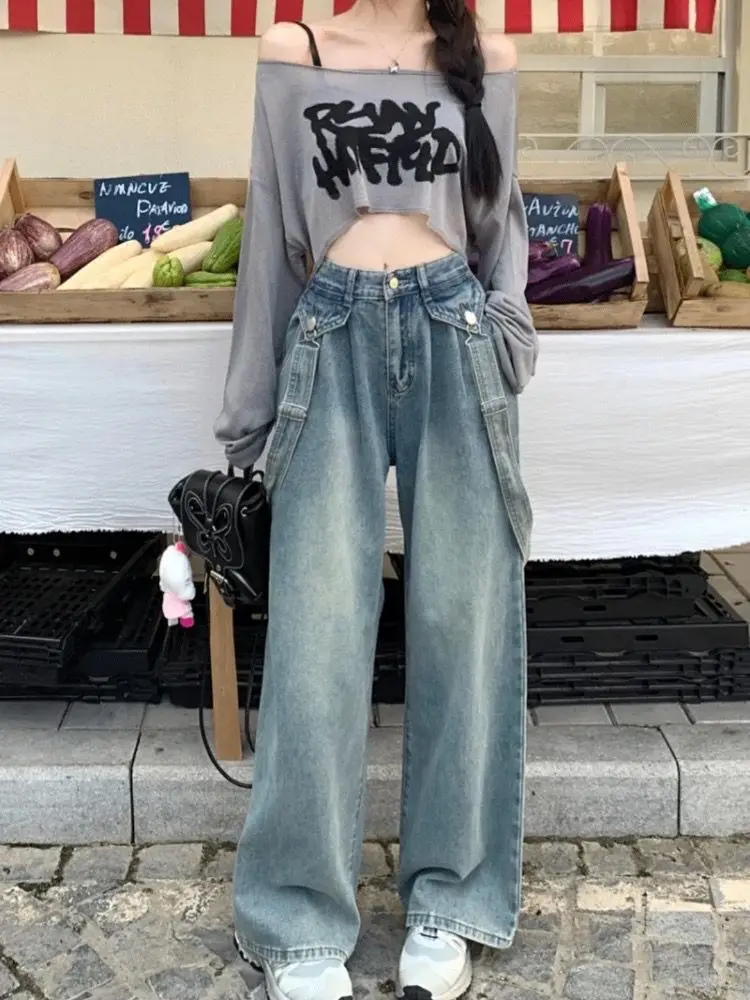 

Women's Blue 2000s Retro High Street Jeans Strap Design Y2k American Safari High Waist Loose Jeans Wide-Leg Casual Floor Pants