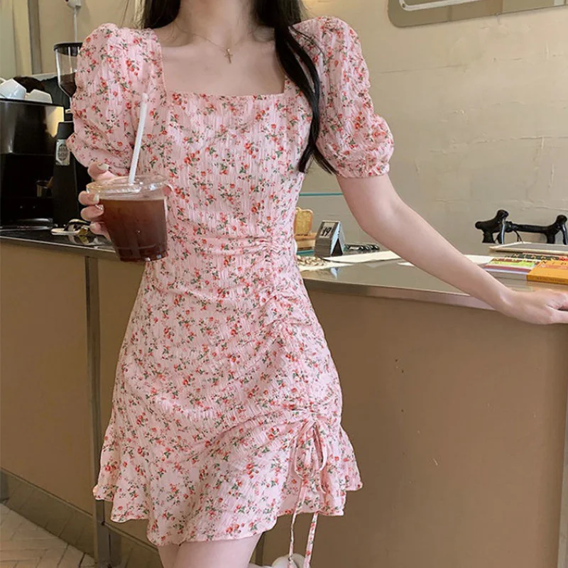 Summer Floral Drawstring Mini Dress Sweet Puff Sleeve Square Collar Dresses Korean Style Temperament Skirt Women Clothing