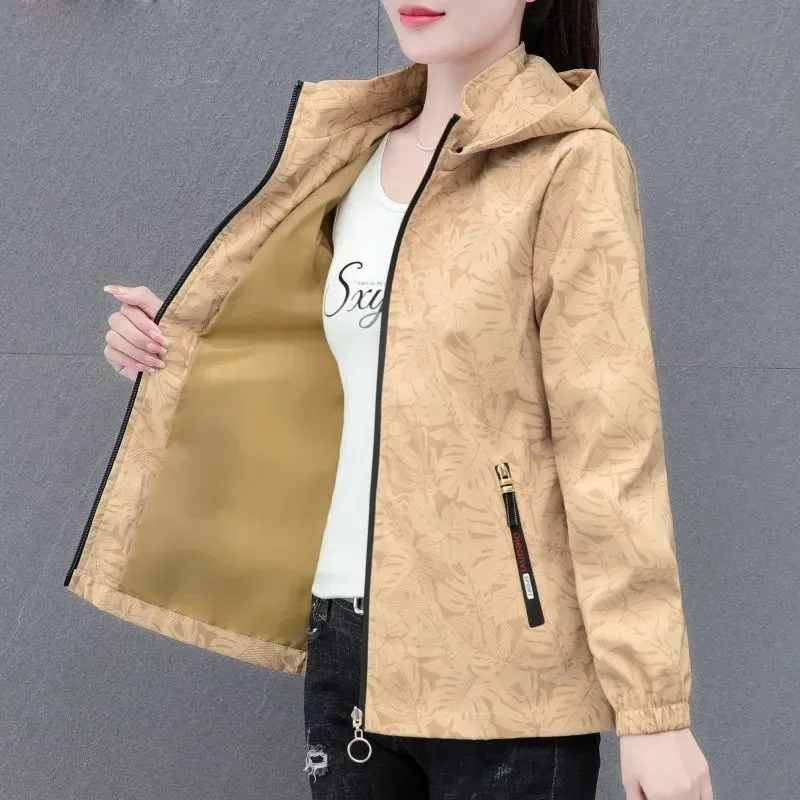 2023 New Spring Autumn Clothes Women Hooded Windbreaker Basic Coat Short Jackets Famale Outerwear Printed Sportswear Coats 5XL