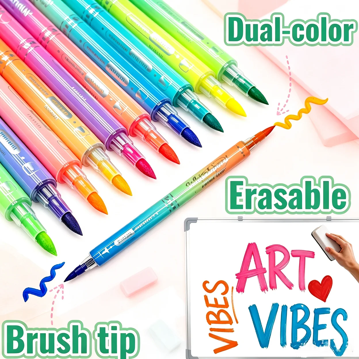 

10pcs Dual-color Brush tip Whiteboard Marker Pens, Erasable