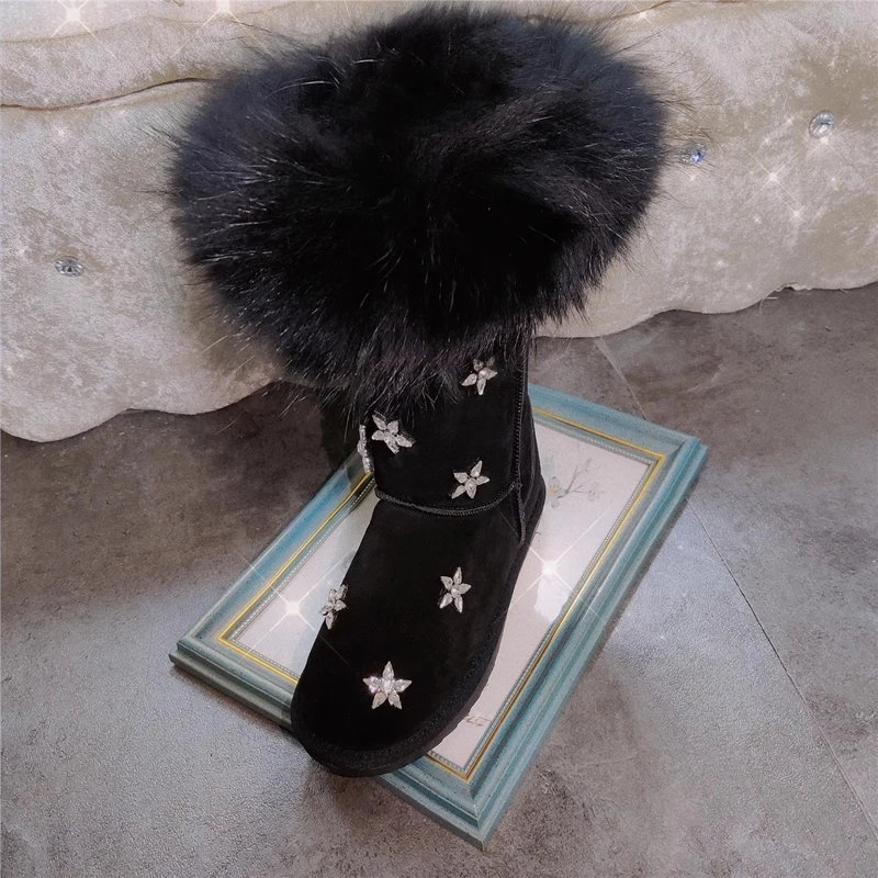 

Luxury Fox Fur High Top Czech Diamond Crystal Pentacle Snow Boots Warm Plush Fur Inner Black Suede Glitter Winter Boots Female