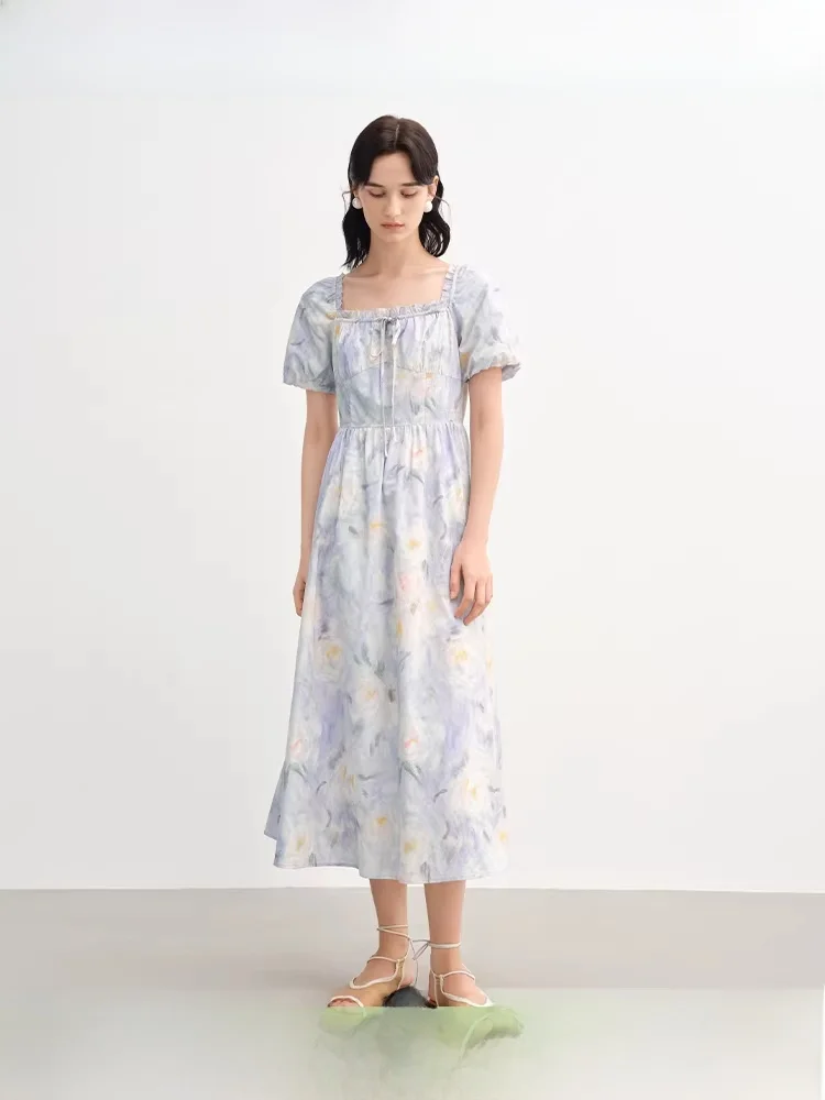 

Romantic Oil Painting Midi Dr plus Size Women's Faion Ele Sweet Waist Cinching Summer New Arrival Cotton Blend