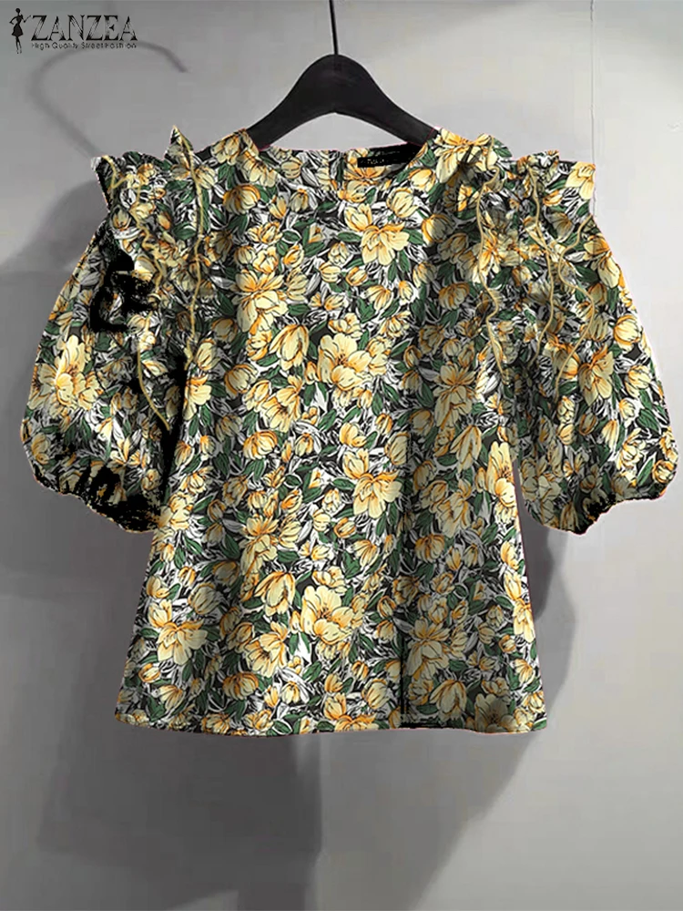 

ZANZEA модные топы женские винтажные блузки 2025 рубашки с короткими рукавами и рюшами туника с рюшами повседневные свободные женские блузки с цветочным принтом