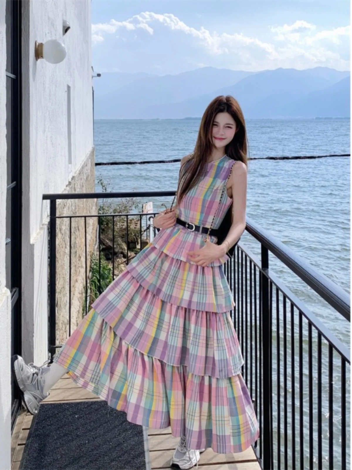 Plaid Vest Dress Women Summer 2024 New Korean Chic Elegant Sweet High Waist Tiered Vestidos Slim Cake Skirt A-line Long Dresses