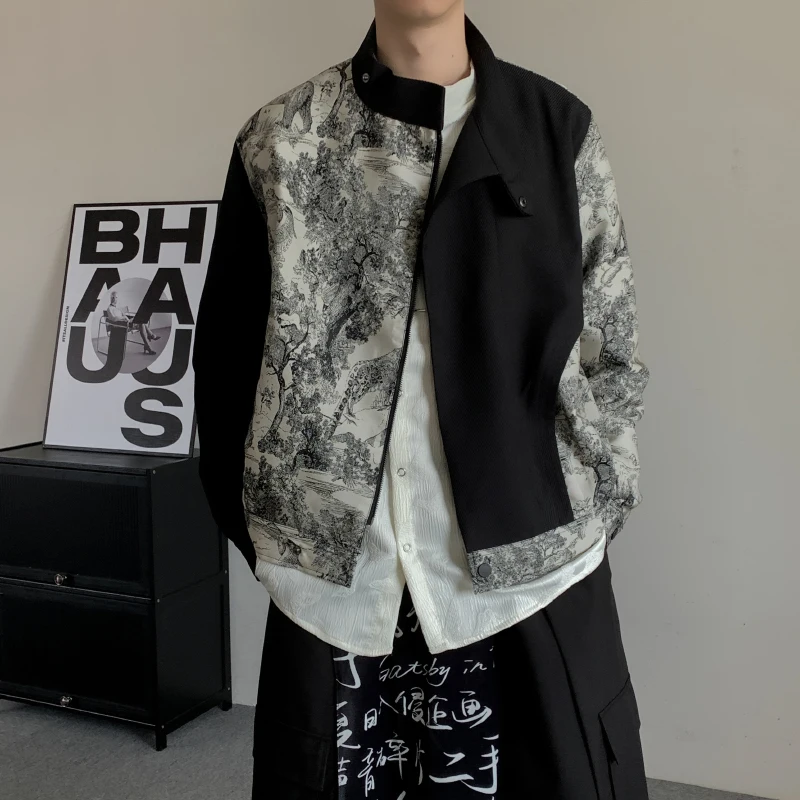 

Мужская куртка Весна 2024 с воротником-стойкой, в стиле пэчворк, с росписью тушью и цветочной вышивкой, ретро-дизайн, верхняя одежда из полиэстера