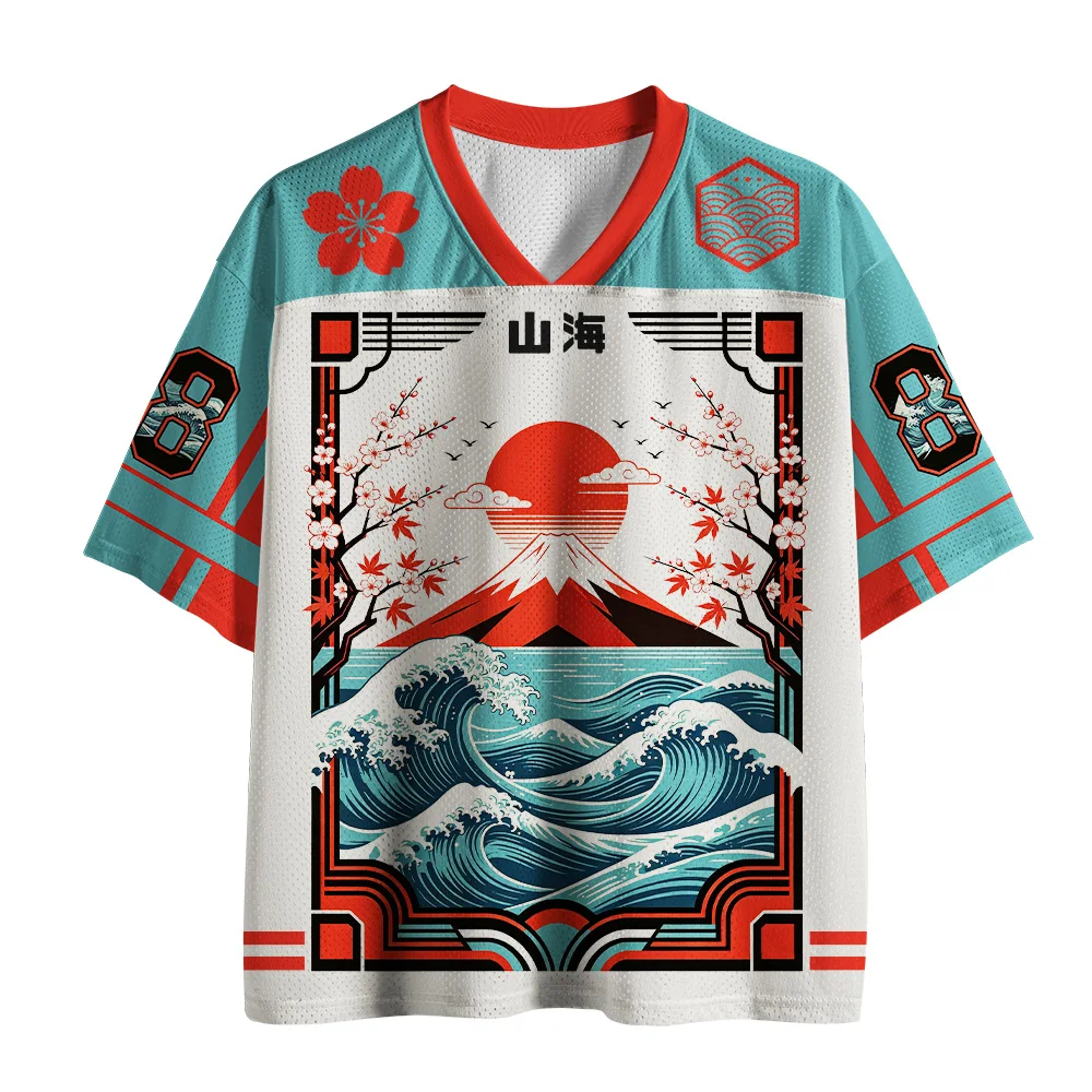 Latest Japanese ukiyo-e patchwork cherry blossoms, Fuji waves, 3D printing, loose and cool sports short sleeves