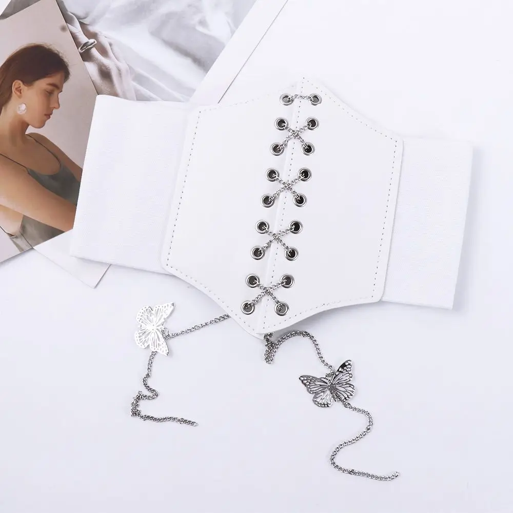 فستان واسع وبسيط من جلد البولي يوريثان، حزام خصر نسائي كوري عالي الخصر، سلسلة على شكل فراشة من Cummerbunds