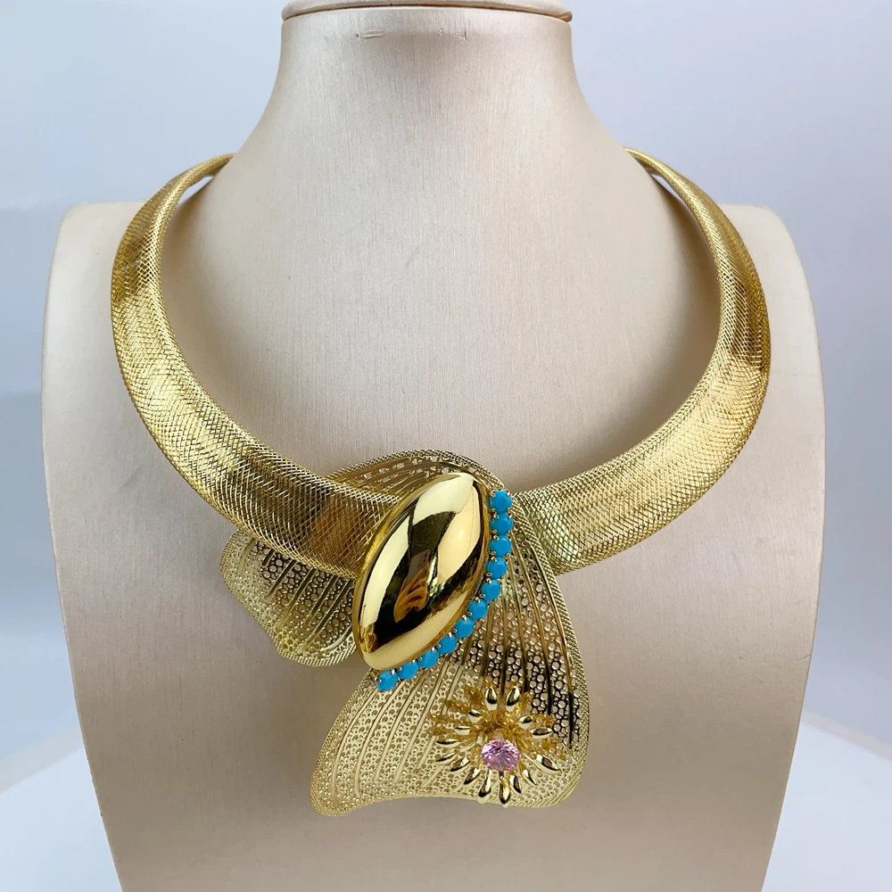 مجموعة مجوهرات الأزياء النسائية من EMMA، زوج من قلادة وأقراط برازيلية مطلية بالذهب لمجموعة هدايا إكسسوارات الحفلات