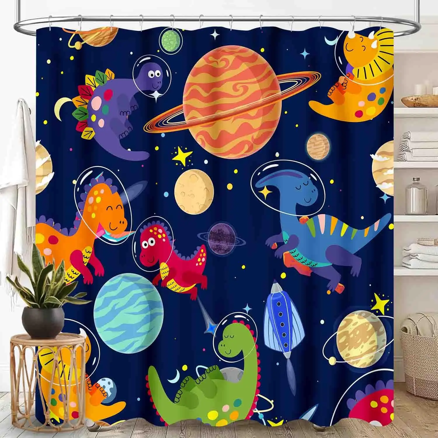 

Dinosaur Shower Curtain, Kids Boys Cartoon Dino Navy Blue Safari Animal Outer Space Planet Astronaut Galaxy Waterproof Fabric