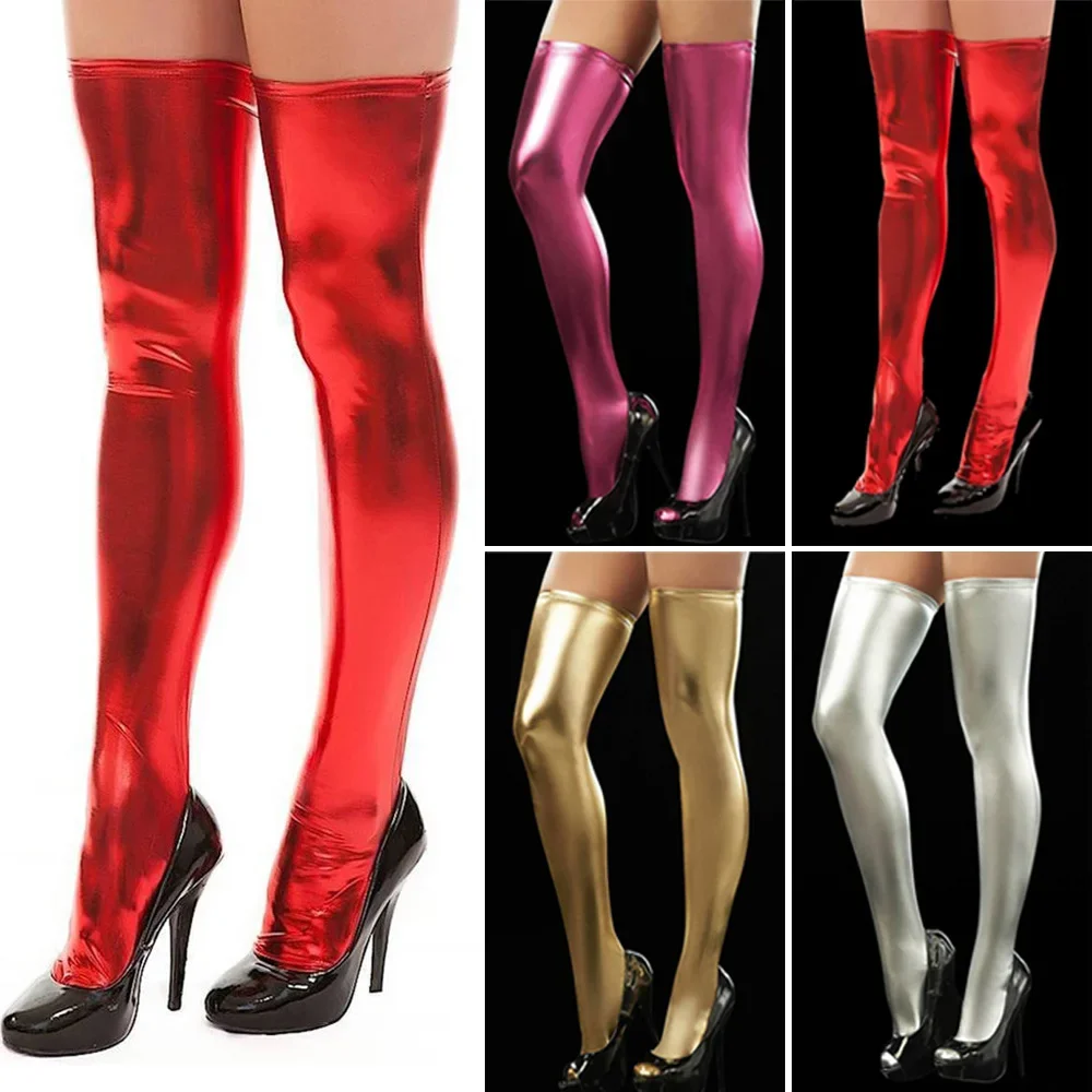 Thin Sexy Oil Shiny Stockings Transparent Thigh High Long Medias Women Glossy Nylon Rib Cuff Top Stockings Sexy Lingerie