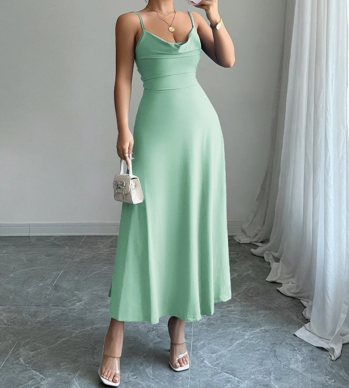 

Advanced minimalist style tank top solid color women's dress with a swinging collar, waist cinched, backless A-line dress