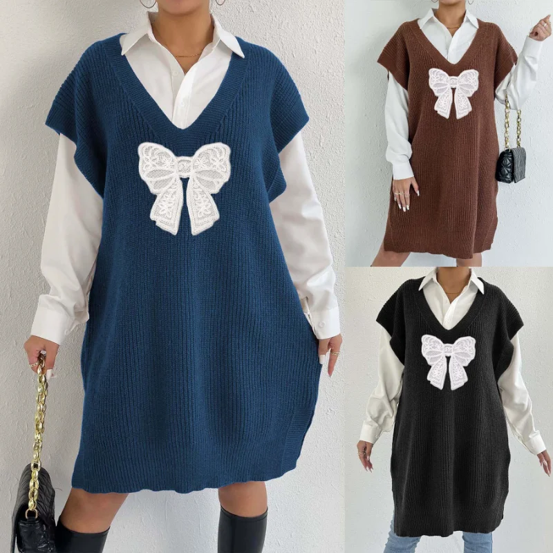 

Женское платье-свитер, свободная большая майка, глубокий V-образный вырез, жилет с вышивкой бабочкой, пояс в комплект не входит