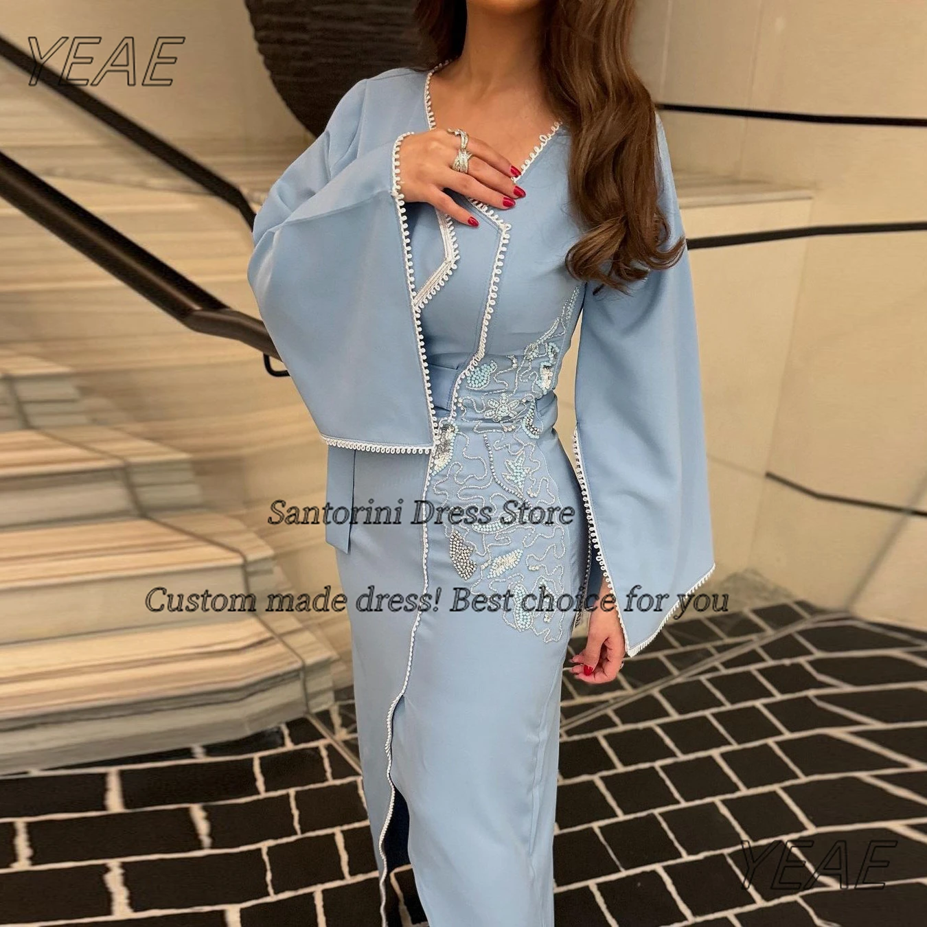 Santorini Robe Des Marrige V Neck Long Sleeves Prom Dresses 2024 Handmade Beading Side Slit Birthday Party Evening Gowns