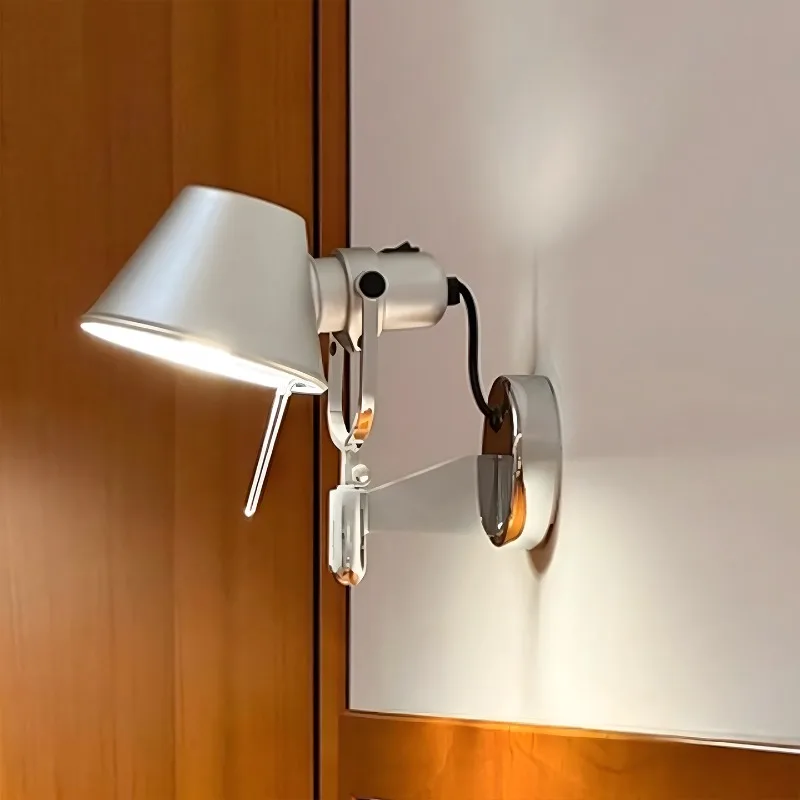 Italian Long Arm Wall Lamps Silver Black Metal Bedroom Study Reading Lights E27 Switch Rotatable Adjustable Lighting Decoration