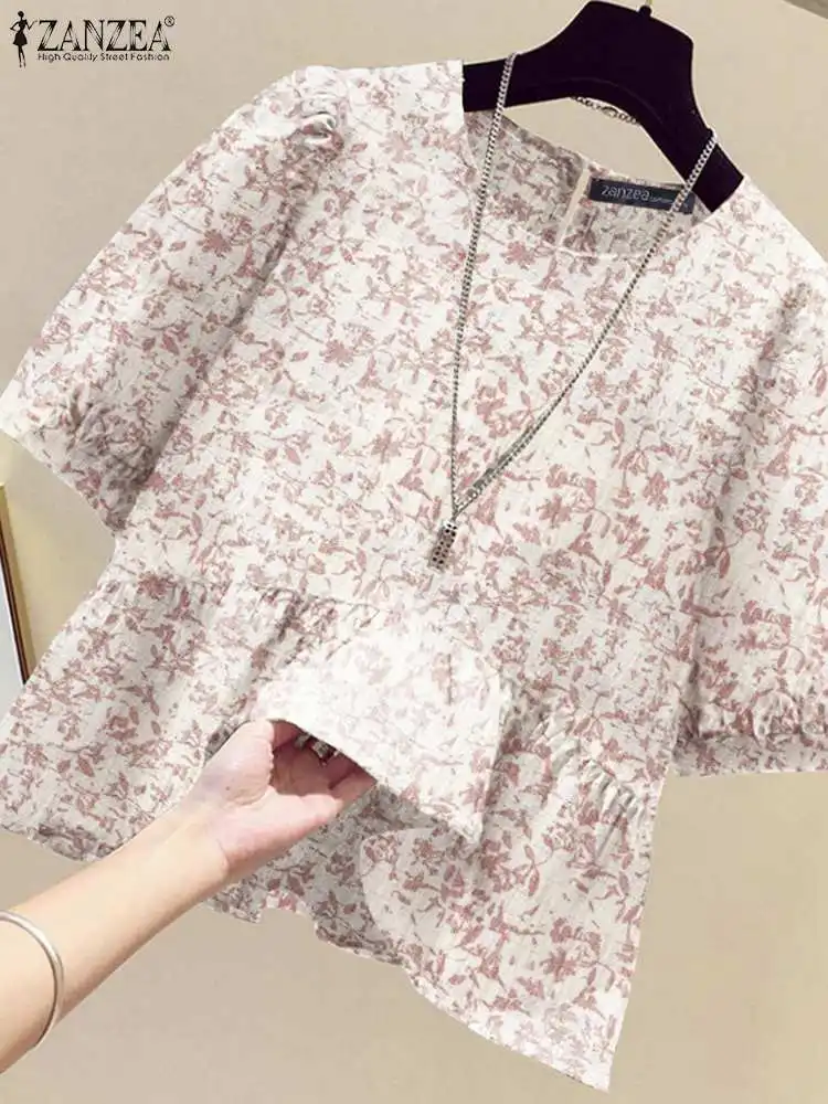 ZANZEA Women Elegant Floral Print Textured Blouses Korean Fashion Half Puff Sleeve Ruffled Hem Tops 2024 Summer Casual Shirts