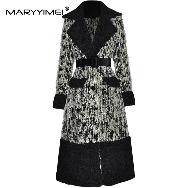 MARYYIMEI Winter New style Women's Coat Single-Breasted Long-Sleeved High waist Streetwear Long Overcoat With Belt