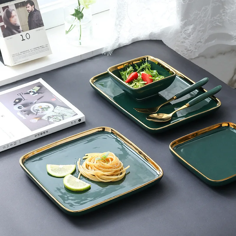 Modern Luxury Dark Green Ceramic Dinner Plate Dinner Cooking Dishes Home Golden Border Porcelain Steak Pasta Plate Tableware Set